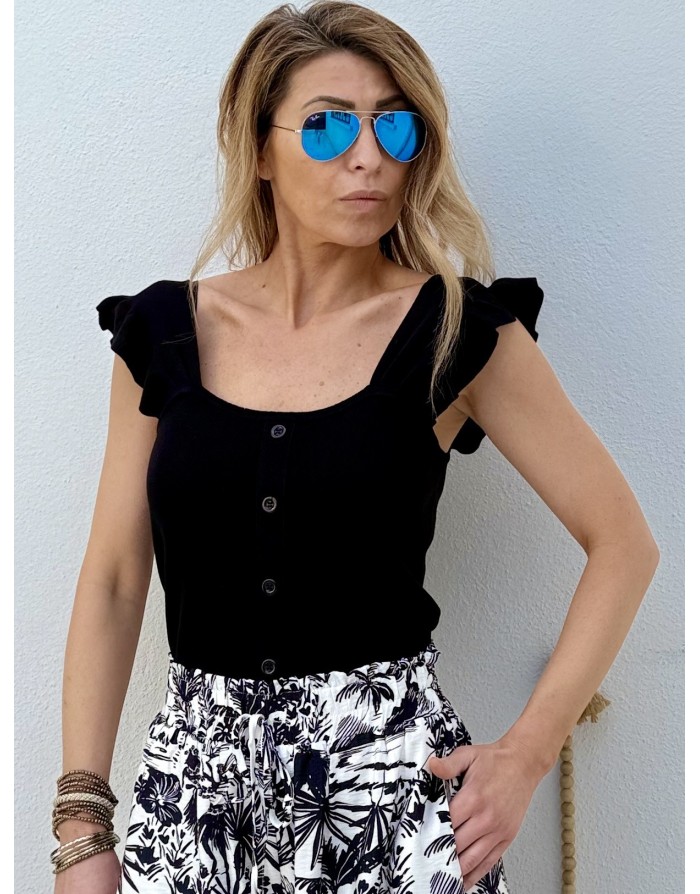 Top noir en maille, pièce féminine et élégante, coupe ajustée et manches volants, réf TL510EE