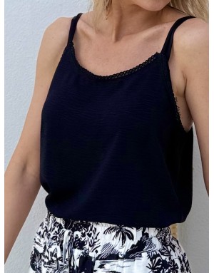 Top caraco fines bretelles Molly Bracken, coloris noir, détail dentelle festonnée - Référence : G969EE