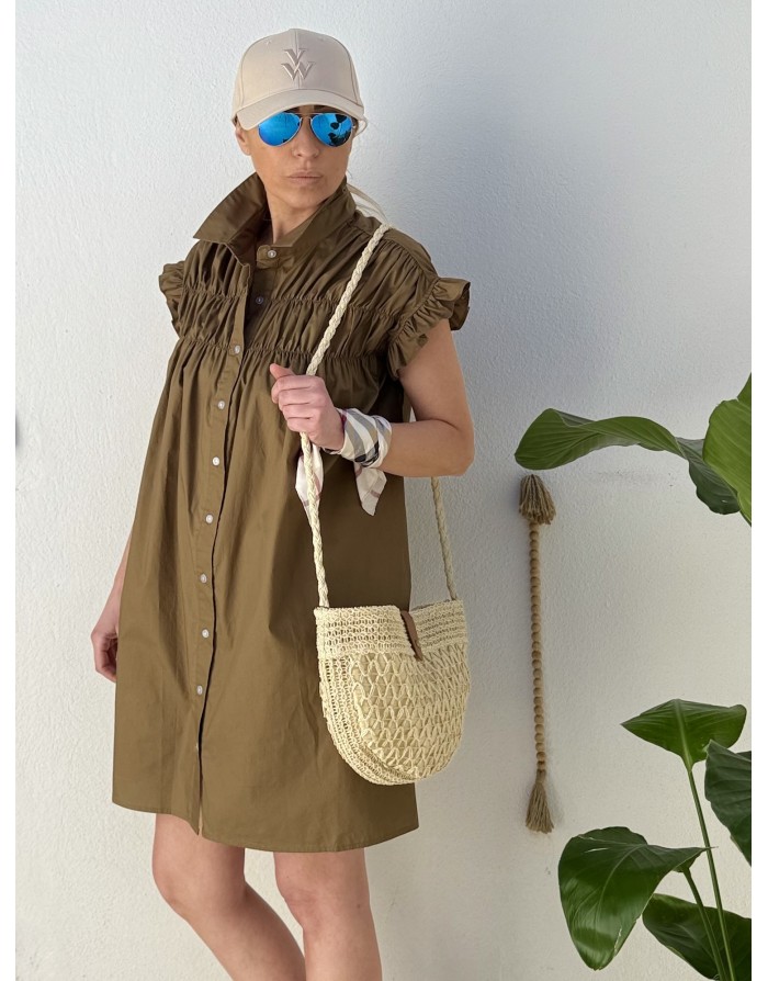 Robe chemise smockée Lili Sidonio pour Molly Bracken, 100% coton, coloris kaki -  Référence LAL154AEP