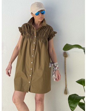 Robe chemise smockée Lili Sidonio pour Molly Bracken, 100% coton, coloris kaki -  Référence LAL154AEP