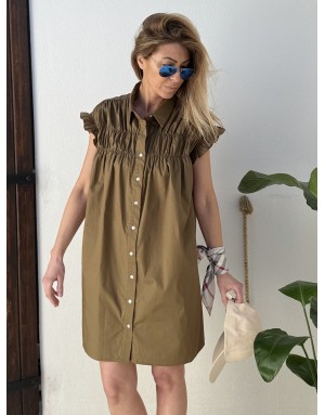 Robe chemise smockée Lili Sidonio pour Molly Bracken, 100% coton, coloris kaki -  Référence LAL154AEP