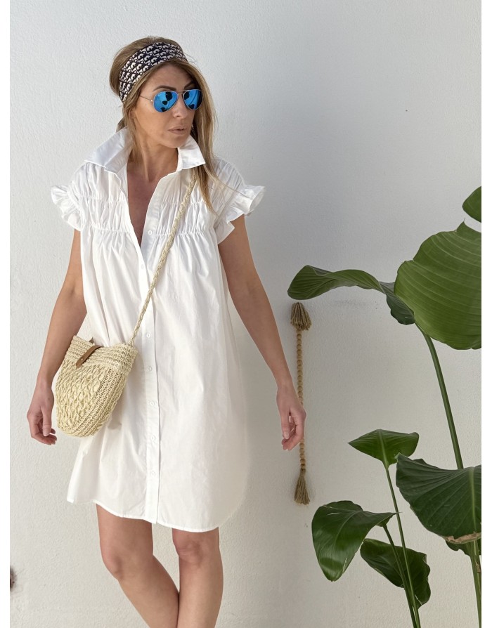 Robe chemise smockée Lili Sidonio pour Molly Bracken, 100% coton, coloris blanc -  Référence LAL154AEP
