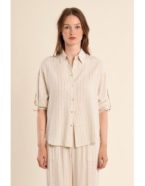 Chemise fluide rayée Molly Bracken, en ensemble avec le pantalon G961EE, beige - Référence : G963EE