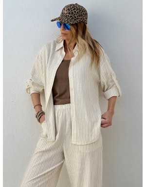 Chemise fluide rayée Molly Bracken, en ensemble avec le pantalon G961EE, beige - Référence : G963EE