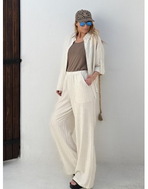 Chemise fluide rayée Molly Bracken, en ensemble avec le pantalon G961EE, beige - Référence : G963EE