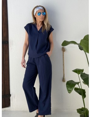 Top fluide Molly Bracken, coloris Navy, se porte en ensemble avec le pantalon G956EP - Référence : G941EP