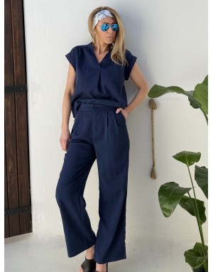 Pantalon droit taille haute, coloris Navy, se porte avec le top G941EP - Référence G982EP