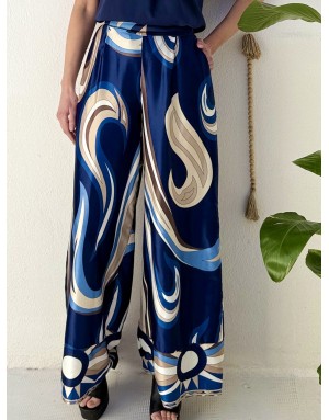 Pantalon fluide satiné Molly Bracken, en ensemble avec la chemise G957EP, imprimé graphique - Référence : G956EP