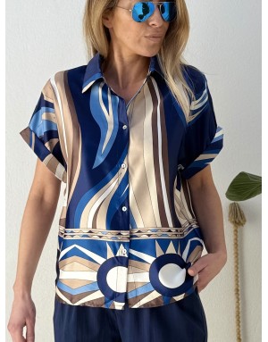 Chemise imprimée fluide satin, en ensemble avec le pantalon G956EP, beige - Référence : G957EP