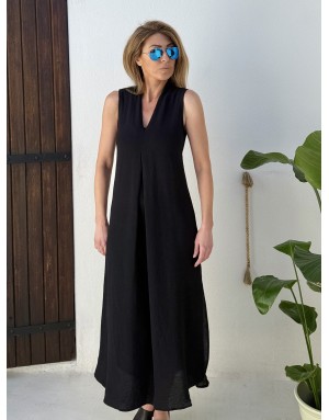 Robe longue Molly Bracken, forme trapèze, tissu noir texturé, sans manches -  Référence G971EE