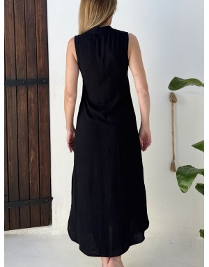 Robe longue Molly Bracken, forme trapèze, tissu noir texturé, sans manches -  Référence G971EE