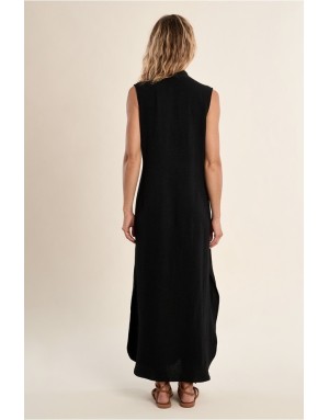 Robe longue Molly Bracken, forme trapèze, tissu noir texturé, sans manches -  Référence G971EE