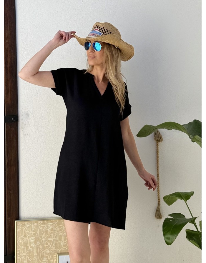 Robe courte Molly Bracken, col tunisien, tissu noir texturé, manches courtes -  Référence G972EE