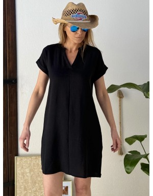 Robe courte Molly Bracken, col tunisien, tissu noir texturé, manches courtes -  Référence G972EE