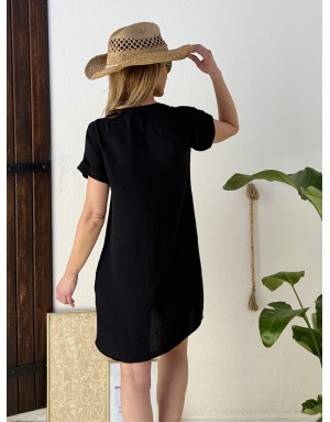 Robe courte Molly Bracken, col tunisien, tissu noir texturé, manches courtes -  Référence G972EE