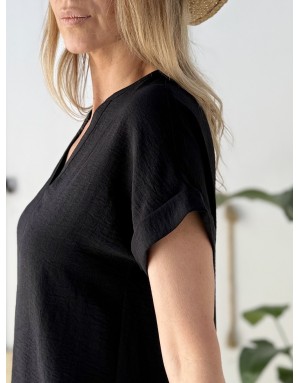 Robe courte Molly Bracken, col tunisien, tissu noir texturé, manches courtes -  Référence G972EE