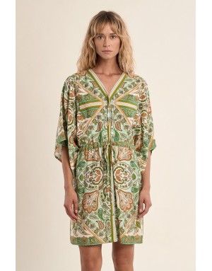 Robe chemise kimono Molly Bracken, lien serrage, imprimé cachemire, manches 3/4 amples -  Référence LA1460EE