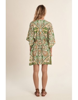 Robe chemise kimono Molly Bracken, lien serrage, imprimé cachemire, manches 3/4 amples -  Référence LA1460EE