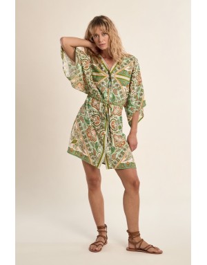 Robe chemise kimono Molly Bracken, lien serrage, imprimé cachemire, manches 3/4 amples -  Référence LA1460EE