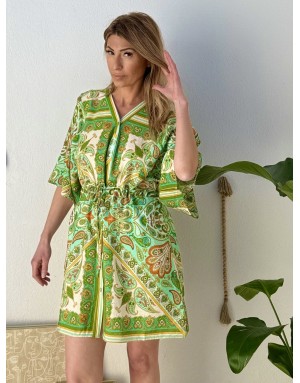 Robe chemise kimono Molly Bracken, lien serrage, imprimé cachemire, manches 3/4 amples -  Référence LA1460EE