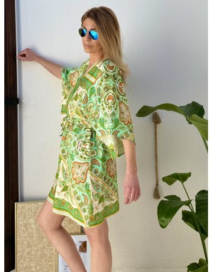 Robe chemise kimono Molly Bracken, lien serrage, imprimé cachemire, manches 3/4 amples -  Référence LA1460EE