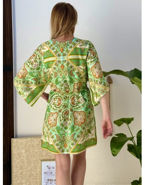 Robe chemise kimono Molly Bracken, lien serrage, imprimé cachemire, manches 3/4 amples -  Référence LA1460EE