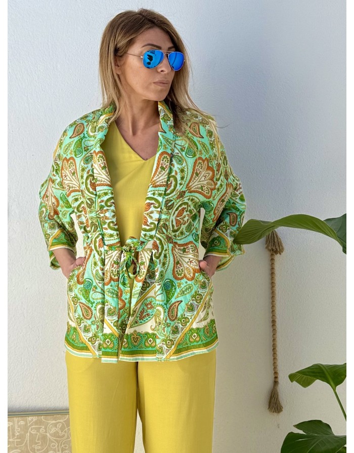 Veste Kimono Molly Bracken, lien serrage, imprimé cachemire, manches 3/4 amples -  Référence LA1680EE