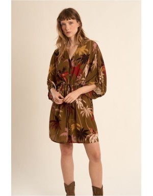 Robe chemise fluide Molly Bracken, lien serrage, imprimé palmiers, manches 3/4 amples -  Référence T2211EE