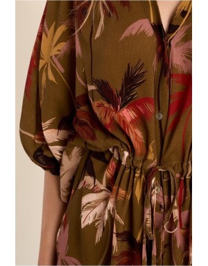 Robe chemise fluide Molly Bracken, lien serrage, imprimé palmiers, manches 3/4 amples -  Référence T2211EE