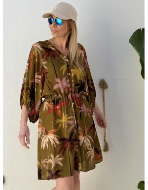 Robe chemise fluide Molly Bracken, lien serrage, imprimé palmiers, manches 3/4 amples -  Référence T2211EE