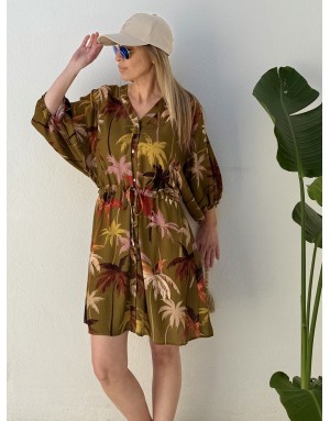 Robe chemise fluide Molly Bracken, lien serrage, imprimé palmiers, manches 3/4 amples -  Référence T2211EE