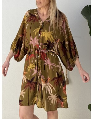 Robe chemise fluide Molly Bracken, lien serrage, imprimé palmiers, manches 3/4 amples -  Référence T2211EE