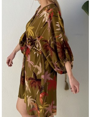 Robe chemise fluide Molly Bracken, lien serrage, imprimé palmiers, manches 3/4 amples -  Référence T2211EE