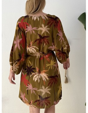 Robe chemise fluide Molly Bracken, lien serrage, imprimé palmiers, manches 3/4 amples -  Référence T2211EE