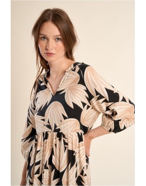 Robe fluide Molly Bracken, démarcation sous poitrine, imprimé végétal élégant, manches 3/4 amples -  Référence T1882EP