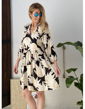 Robe fluide Molly Bracken, démarcation sous poitrine, imprimé végétal élégant, manches 3/4 amples -  Référence T1882EP