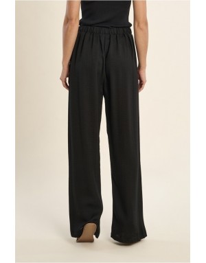 Pantalon fluide noir aspect lin, taille haute, lien en dentelle- Référence : PF110EP