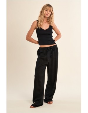 Pantalon fluide noir aspect lin, taille haute, lien en dentelle- Référence : PF110EP