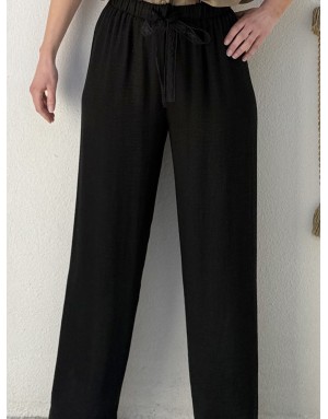 Pantalon fluide noir aspect lin, taille haute, lien en dentelle- Référence : PF110EP