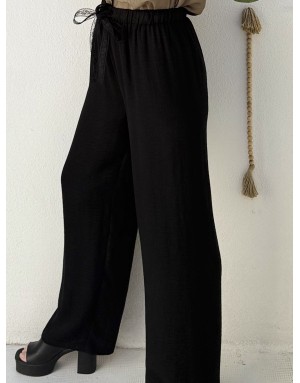 Pantalon fluide noir aspect lin, taille haute, lien en dentelle- Référence : PF110EP