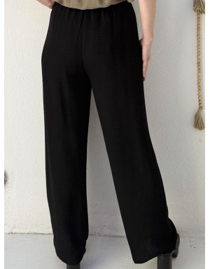 Pantalon fluide noir aspect lin, taille haute, lien en dentelle- Référence : PF110EP