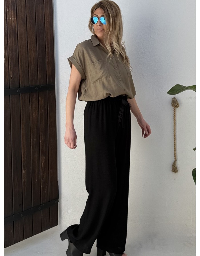 Pantalon fluide noir aspect lin, taille haute, lien en dentelle- Référence : PF110EP