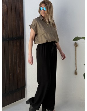 Pantalon fluide noir aspect lin, taille haute, lien en dentelle- Référence : PF110EP