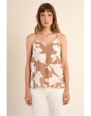 Top fluide à fines bretelles Molly Bracken, imprimé floral beige et écru, pantalon assorti- Référence : LA1865EE