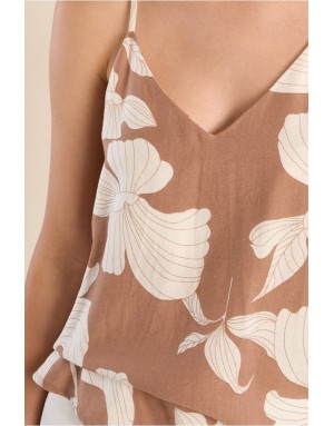 Top fluide à fines bretelles Molly Bracken, imprimé floral beige et écru, pantalon assorti- Référence : LA1865EE