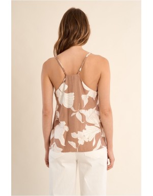 Top fluide à fines bretelles Molly Bracken, imprimé floral beige et écru, pantalon assorti- Référence : LA1865EE