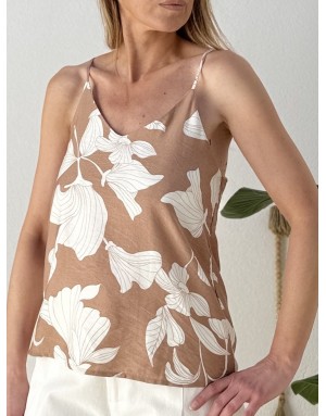 Top fluide à fines bretelles Molly Bracken, imprimé floral beige et écru, pantalon assorti- Référence : LA1865EE