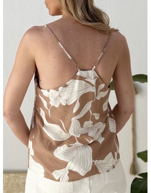 Top fluide à fines bretelles Molly Bracken, imprimé floral beige et écru, pantalon assorti- Référence : LA1865EE