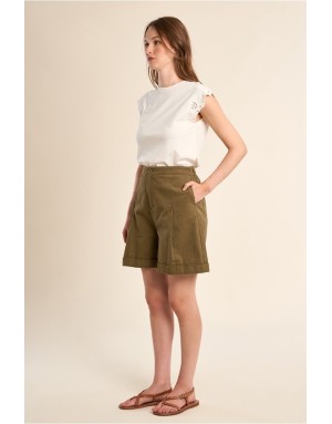 Bermuda coton pur, taille haute élastiquée Molly Bracken, coloris kaki - Référence : R1735EP