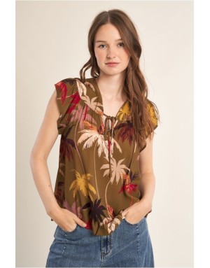 Top fluide imprimé palmiers Molly Bracken, kaki, en ensemble avec la jupe T2210EE- Référence : T2208EE